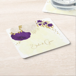 Dessous-de-verre Carré En Papier fleurs royales violettes et blanches or