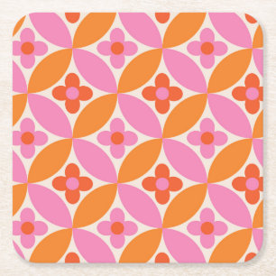 Dessous-de-verre Carré En Papier Fleurs sur cercles rose orange milieu du siècle