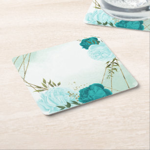 Dessous-de-verre Carré En Papier fleurs turquoise feuilles vertes mariage