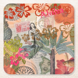 Dessous-de-verre Carré En Papier Fleurs Vintage Hula Coloré Hawaïen Tropical