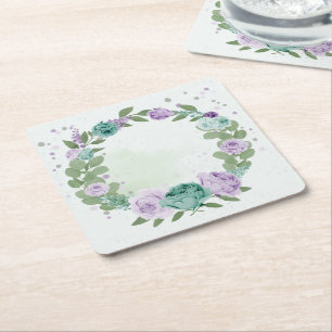 Dessous-de-verre Carré En Papier fleurs violettes bleues verdure botanique carré