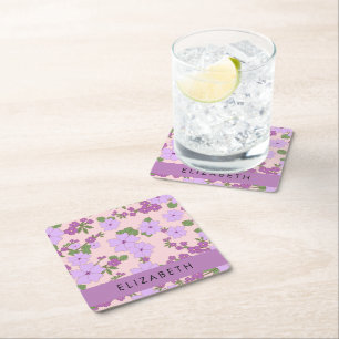 Dessous-de-verre Carré En Papier Fleurs Violettes, Motif De Fleurs, Votre Nom