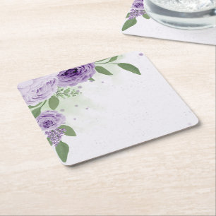 Dessous-de-verre Carré En Papier fleurs violettes romantiques vert feuille botaniqu