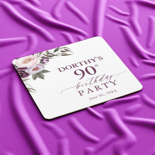 Dessous-de-verre Carré En Papier Fleurs violettes Script 90e anniversaire