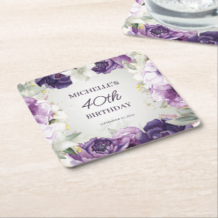 Dessous-de-verre Carré En Papier Floral blanc pourpre 40e anniversaire