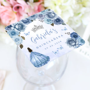 Dessous-de-verre Carré En Papier Floral d'argent bleu Quinceañera