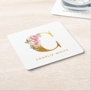 Dessous-de-verre Carré En Papier Floral Monogramme Faux Gold Nom Initial Personnali