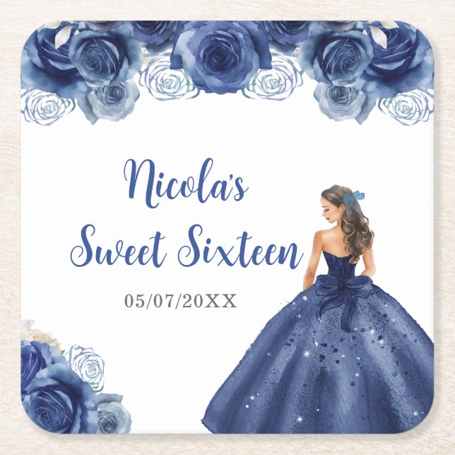 Dessous-de-verre Carré En Papier Floral Princesse en Sweet sixteen bleu marine (Devant)