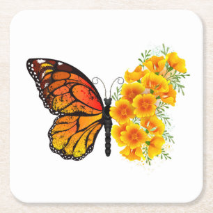 Dessous-de-verre Carré En Papier Flower Butterfly with Yellow California Poppy
