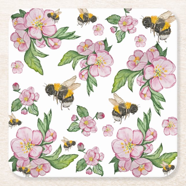 Dessous-de-verre Carré En Papier Flower pomverger avec abeilles aquarelle timon (Devant)
