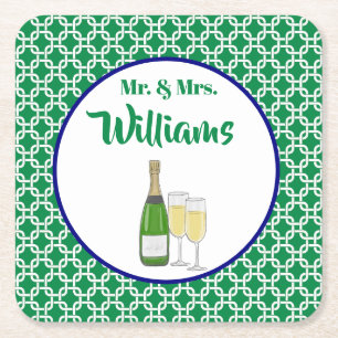 Dessous-de-verre Carré En Papier Flûtes à champagne Mr. & Mrs. Script Mariée & Mari