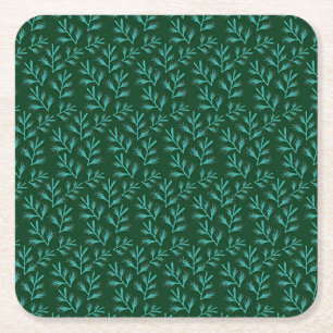 Dessous-de-verre Carré En Papier Fond vert foncé avec feuilles botaniques sarcelle