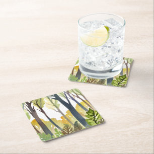 Dessous-de-verre Carré En Papier Forêt à l'aquarelle   Peinture de forêt de nature 