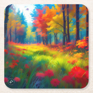 Dessous-de-verre Carré En Papier Forêt avec des arbres et des fleurs colorés