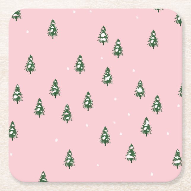 Dessous-de-verre Carré En Papier Forêt De Noël Minimale En Rose (Devant)