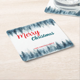 Dessous-de-verre Carré En Papier Forêt de pins de Noël joyeuse et lumineuse