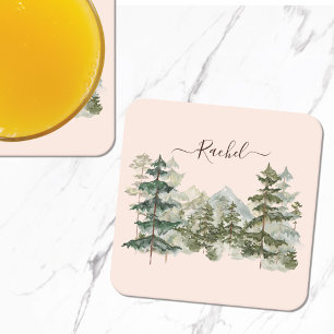 Dessous-de-verre Carré En Papier Forêt de pins et montagne rustique à l'aquarelle
