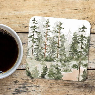 Dessous-de-verre Carré En Papier Forêt Verte Rustique Aquarelle