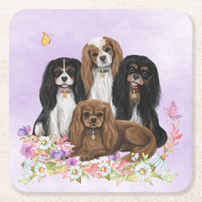 Dessous-de-verre Carré En Papier Four Cavalier King Charles Spaniels in Flowers  (Devant)