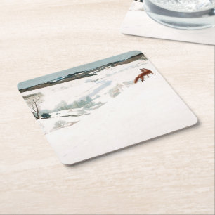 Dessous-de-verre Carré En Papier Fox dans la neige, 1935 par Newell Convers Wyeth