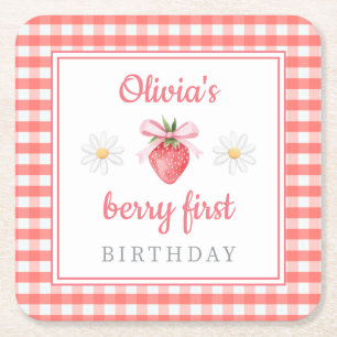 Dessous-de-verre Carré En Papier Fraise 1er anniversaire Baie Premier Anniversaire