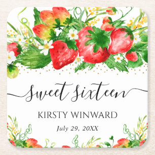 Dessous-de-verre Carré En Papier Fraises et fleurs à l'aquarelle Sweet Sixteen
