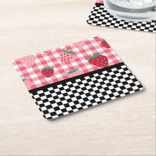Dessous-de-verre Carré En Papier Fraises Fantaisistes et Damier 