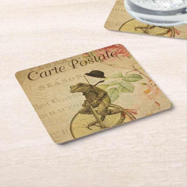 Dessous-de-verre Carré En Papier Français Ephemera Frog équitation Rose de vélo (Incliné)