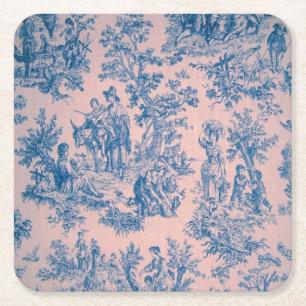 Dessous-de-verre Carré En Papier French toile de jouy bleu et rose élégant