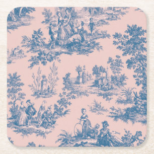 Dessous-de-verre Carré En Papier French toile de jouy bleu et rose élégant