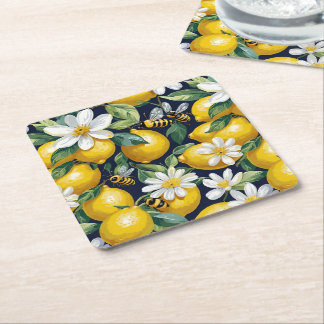Dessous-de-verre Carré En Papier Fresh Yellow Lemons With Busy Bees & White Blooms