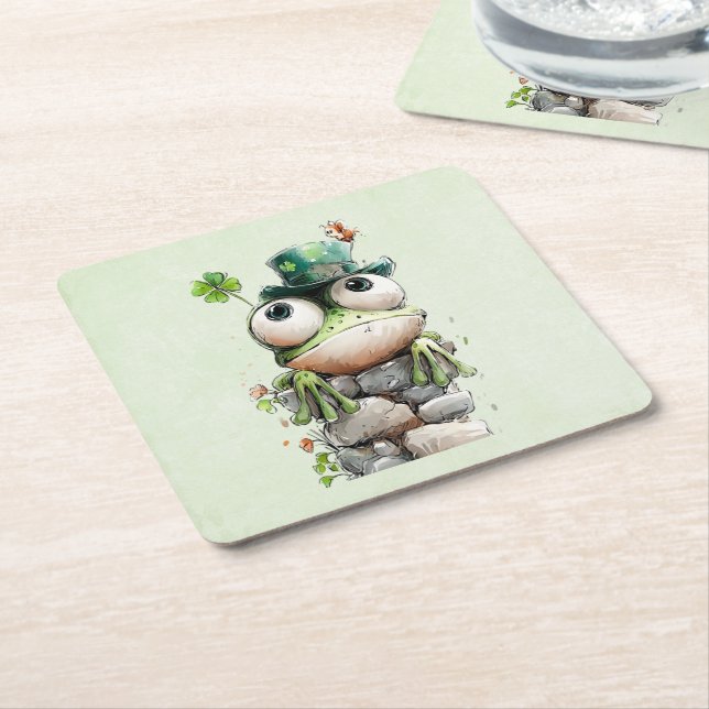 Dessous-de-verre Carré En Papier Frog with Green Hat and Shamrock Cute (Incliné)