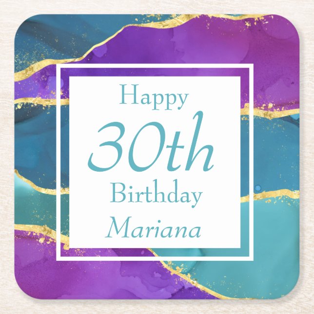 Dessous-de-verre Carré En Papier Fuchsia Pink Turquoise Gold fête d'anniversaire (Devant)