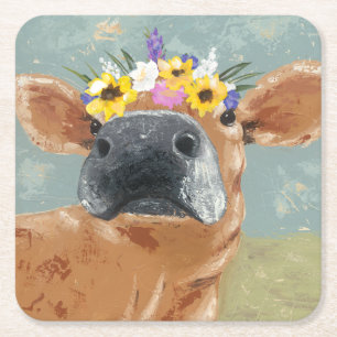 Dessous-de-verre Carré En Papier Fun de ferme - Vache avec couronne de fleurs