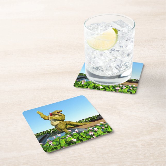 Dessous-de-verre Carré En Papier Funny Crocodile Drinking Champagne (En situation)