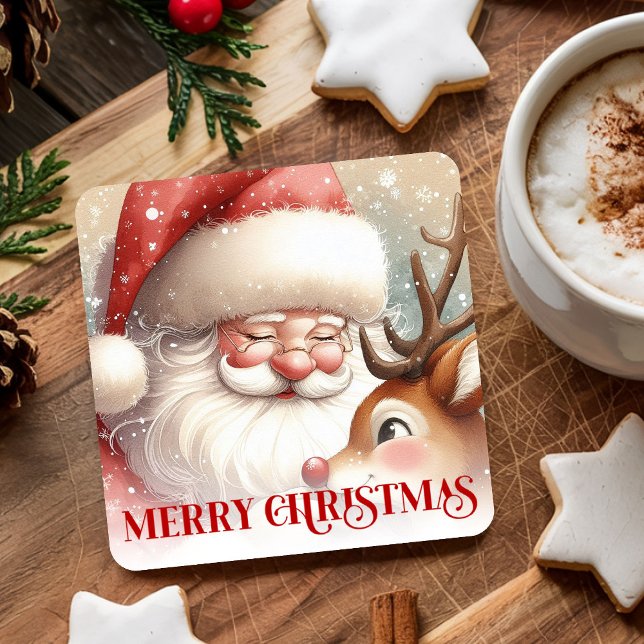 Dessous-de-verre Carré En Papier Funny Rudolph Santa Cute Christmas Paper Coaster   (Funny Rudolph Santa Cute Christmas Paper Coaster Art

)