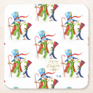 Dessous-de-verre Carré En Papier Funny Snowman Penguin Gold Parties scintillant Joy