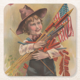 Dessous-de-verre Carré En Papier Garçon avec Feux d'Artifice, Drapeau Américain, Im