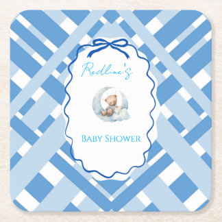 Dessous-de-verre Carré En Papier Garçon carreau bleu bébé douche ours ruban Pape ca