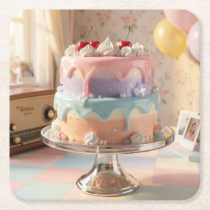 Dessous-de-verre Carré En Papier Gâteau d'anniversaire en verre pastel avec des cer