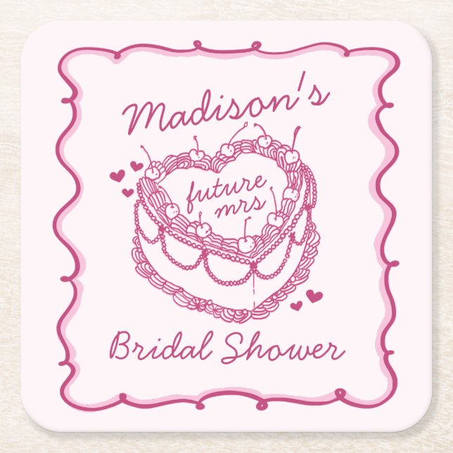 Dessous-de-verre Carré En Papier Gâteau de Fiançailles Coquette à Cœur Rétro Rose C (Devant)