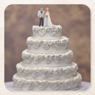 Dessous-de-verre Carré En Papier Gâteau Mariage Blanc De Cinq Niveaux Avec Couple D