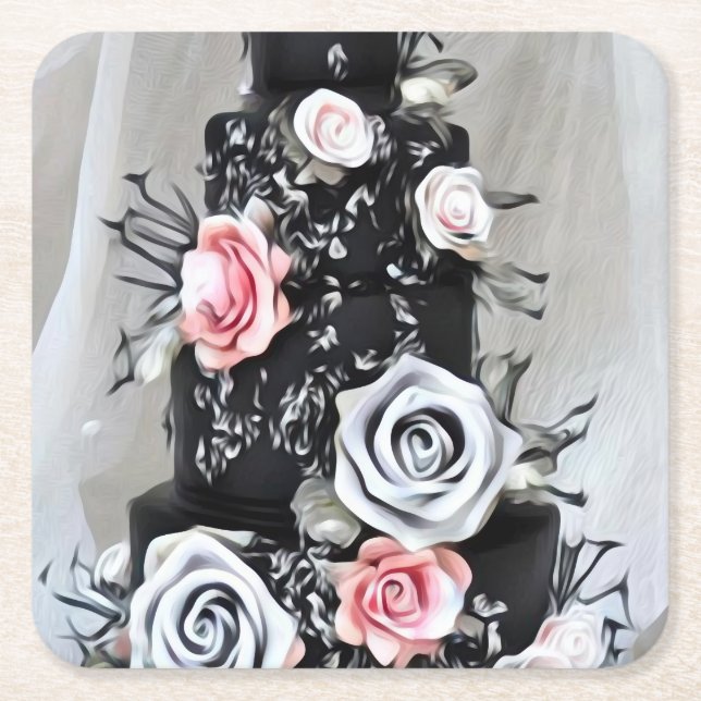 Dessous-de-verre Carré En Papier Gâteau Mariage noir avec Roses (Devant)