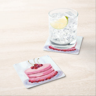 Dessous-de-verre Carré En Papier Gâteau Rose Cerise Fête Aquarelle Fête