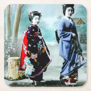 Dessous-de-verre Carré En Papier Geisha vintage et son 芸者舞妓 vieux Japon de 