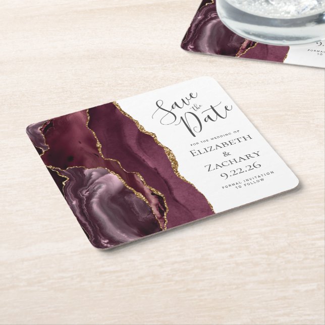 Dessous-de-verre Carré En Papier Géode Agate Burgundy Gold Enregistrer la date (Incliné)