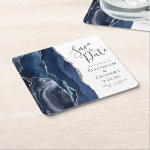 Dessous-de-verre Carré En Papier Géode Agate Marine Bleu Argent Enregistrer la date