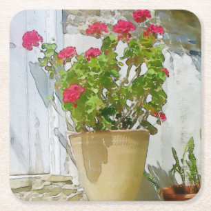 Dessous-de-verre Carré En Papier Géranium rouge d'aquarelle