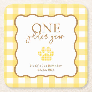 Dessous-de-verre Carré En Papier Gingham Jaune Un An d'Or Premier Anniversaire