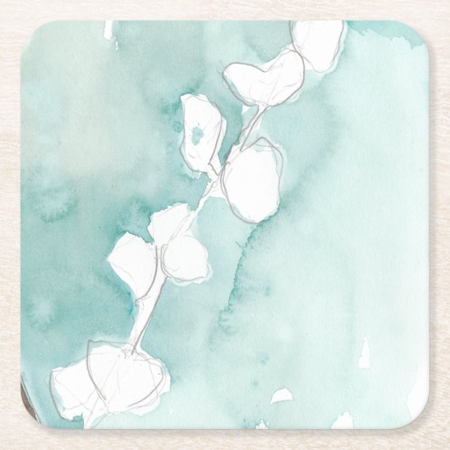 Dessous-de-verre Carré En Papier Ginkgo sur Dusty Turquoise - Blanc (Devant)